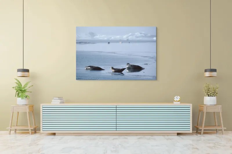Tablou Canvas, "Foci odihnindu-se pe gheață albastră", Focă, Gheață, Ocean, Cer, Liniște, Natură, Relaxare, Albastru, Frig, Întindere, 150 x 100 cm – poza 6