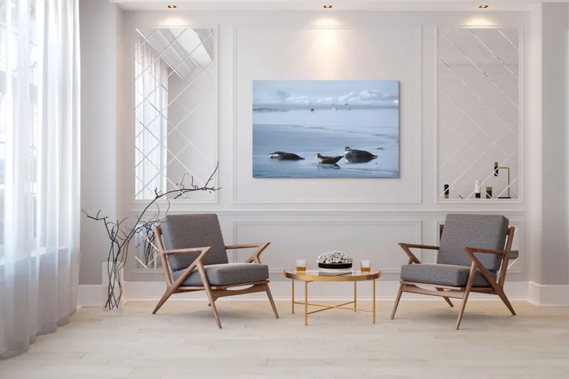 Tablou Canvas, "Foci odihnindu-se pe gheață albastră", Focă, Gheață, Ocean, Cer, Liniște, Natură, Relaxare, Albastru, Frig, Întindere, 150 x 100 cm – poza 7