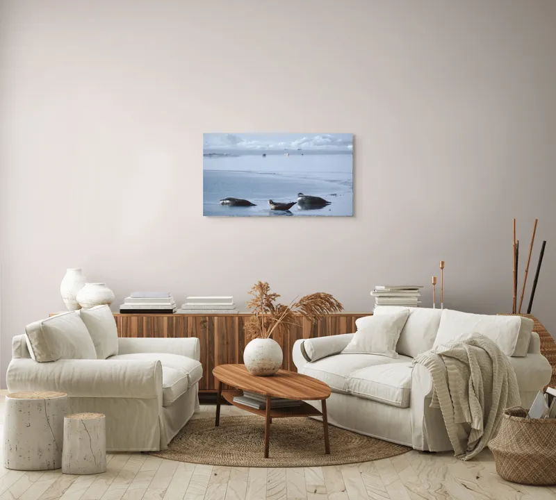 Tablou Canvas, "Foci odihnindu-se pe gheață albastră", Focă, Gheață, Ocean, Cer, Liniște, Natură, Relaxare, Albastru, Frig, Întindere, 90 x 50 cm – poza 4