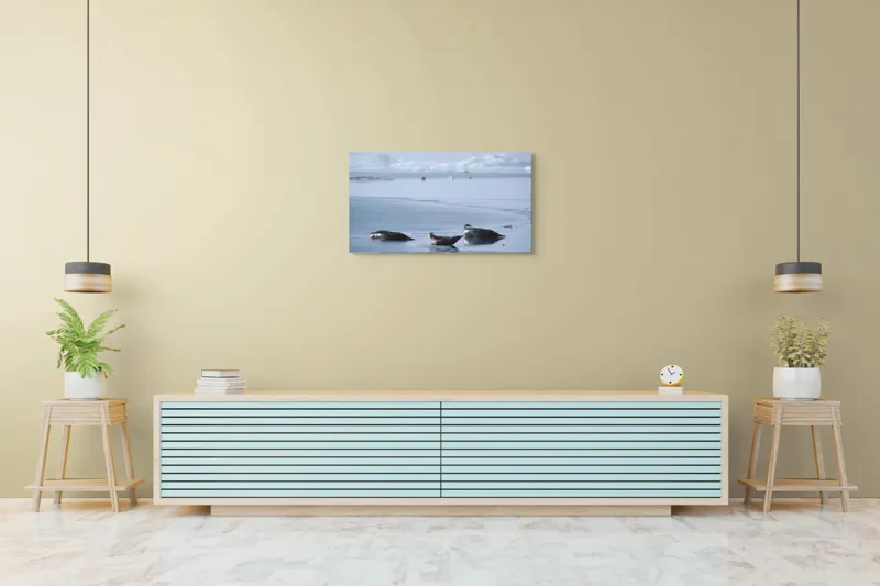 Tablou Canvas, "Foci odihnindu-se pe gheață albastră", Focă, Gheață, Ocean, Cer, Liniște, Natură, Relaxare, Albastru, Frig, Întindere, 90 x 50 cm – poza 5