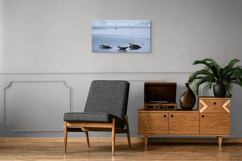 Tablou Canvas, "Foci odihnindu-se pe gheață albastră", Focă, Gheață, Ocean, Cer, Liniște, Natură, Relaxare, Albastru, Frig, Întindere, 90 x 50 cm – poza 6