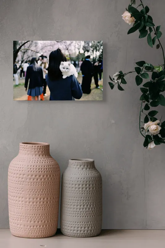 Tablou Canvas, "Micuța pisică și agitația urbană", Pisoi, Fluffy, Albastru, Privire, Parcuri, Primăvară, Agitație, Copac, Haine, Mână, Peisaj, Persoane., 39 x 26 cm – poza 4