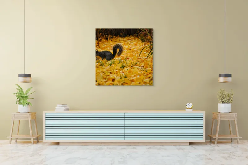 Tablou Canvas, "Veveriță printre frunze galbene de toamnă", Frunze, Galben, Veveriță, Pământ, Toamnă, Natură, Verde, Iarbă, 100 x 100 cm – poza 5