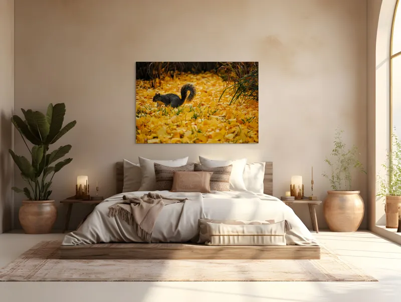 Tablou Canvas, "Veveriță printre frunze galbene de toamnă", Frunze, Galben, Veveriță, Pământ, Toamnă, Natură, Verde, Iarbă, 150 x 100 cm – poza 4
