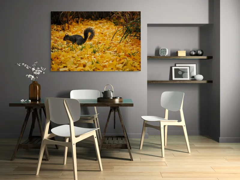 Tablou Canvas, "Veveriță printre frunze galbene de toamnă", Frunze, Galben, Veveriță, Pământ, Toamnă, Natură, Verde, Iarbă, 150 x 100 cm – poza 5
