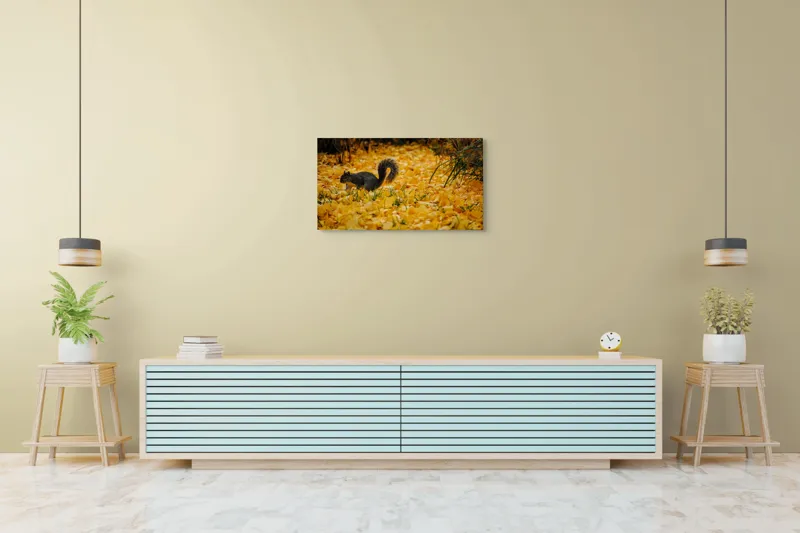 Tablou Canvas, "Veveriță printre frunze galbene de toamnă", Frunze, Galben, Veveriță, Pământ, Toamnă, Natură, Verde, Iarbă, 90 x 50 cm – poza 5
