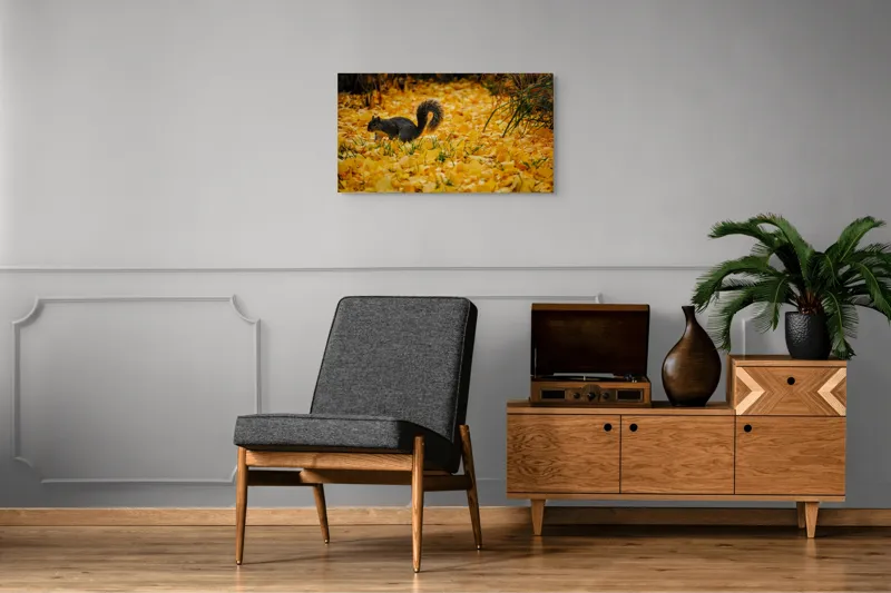 Tablou Canvas, "Veveriță printre frunze galbene de toamnă", Frunze, Galben, Veveriță, Pământ, Toamnă, Natură, Verde, Iarbă, 90 x 50 cm – poza 6