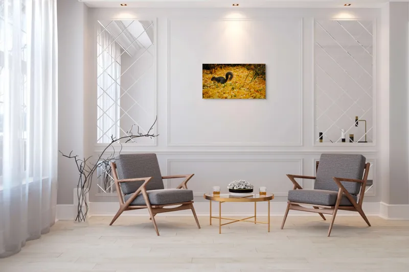 Tablou Canvas, "Veveriță printre frunze galbene de toamnă", Frunze, Galben, Veveriță, Pământ, Toamnă, Natură, Verde, Iarbă, 90 x 50 cm – poza 7