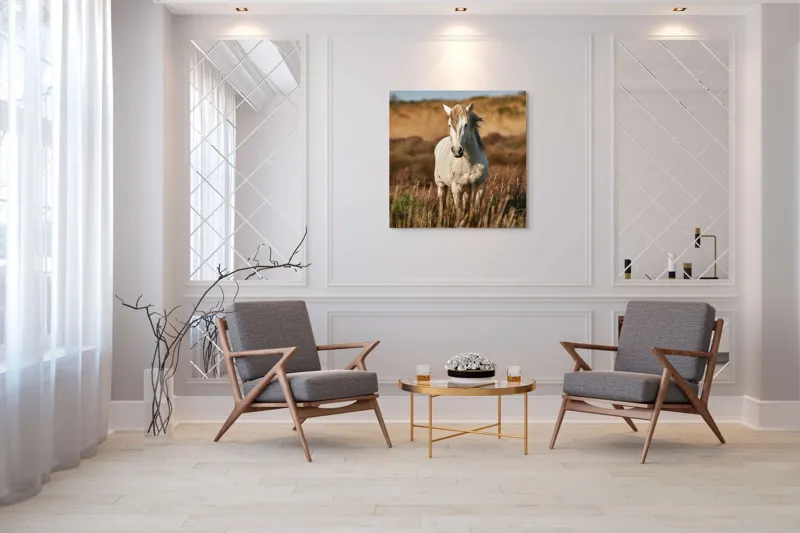 Tablou Canvas, "Un cal alb în sălbăticie", Alb, Cal, Iarbă, Natura, Cer, Dealuri, Liniște, Peisaj, Eleganță, Libertate, 100 x 100 cm – poza 7