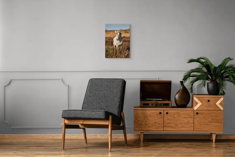 Tablou Canvas, "Un cal alb în sălbăticie", Alb, Cal, Iarbă, Natura, Cer, Dealuri, Liniște, Peisaj, Eleganță, Libertate, 39 x 54 cm – poza 8