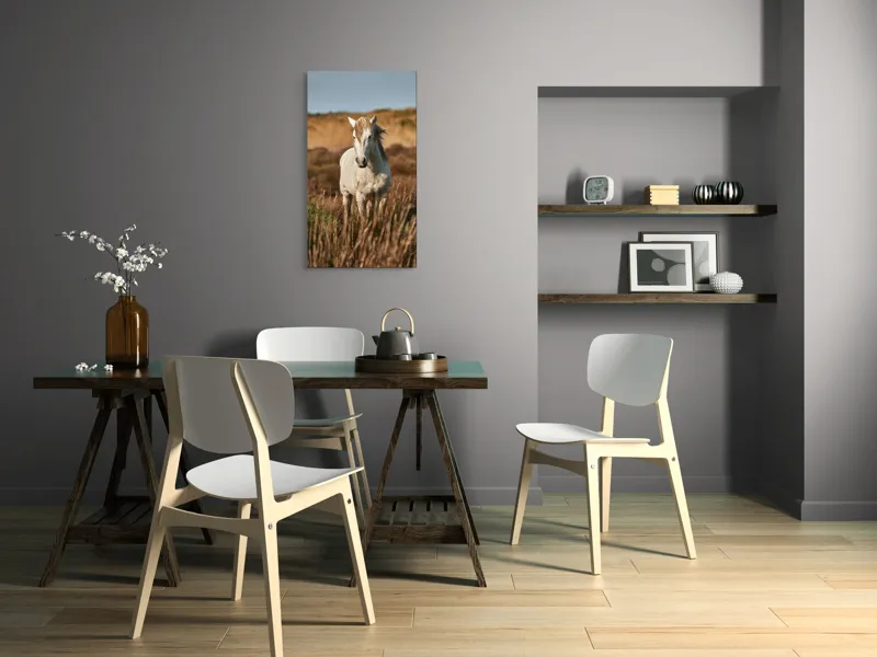 Tablou Canvas, "Un cal alb în sălbăticie", Alb, Cal, Iarbă, Natura, Cer, Dealuri, Liniște, Peisaj, Eleganță, Libertate, 50 x 90 cm – poza 4