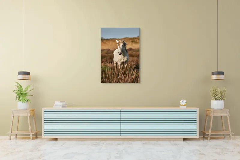 Tablou Canvas, "Un cal alb în sălbăticie", Alb, Cal, Iarbă, Natura, Cer, Dealuri, Liniște, Peisaj, Eleganță, Libertate, 70 x 100 cm – poza 5