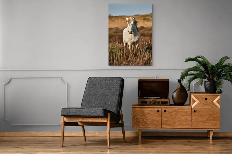 Tablou Canvas, "Un cal alb în sălbăticie", Alb, Cal, Iarbă, Natura, Cer, Dealuri, Liniște, Peisaj, Eleganță, Libertate, 70 x 100 cm – poza 6