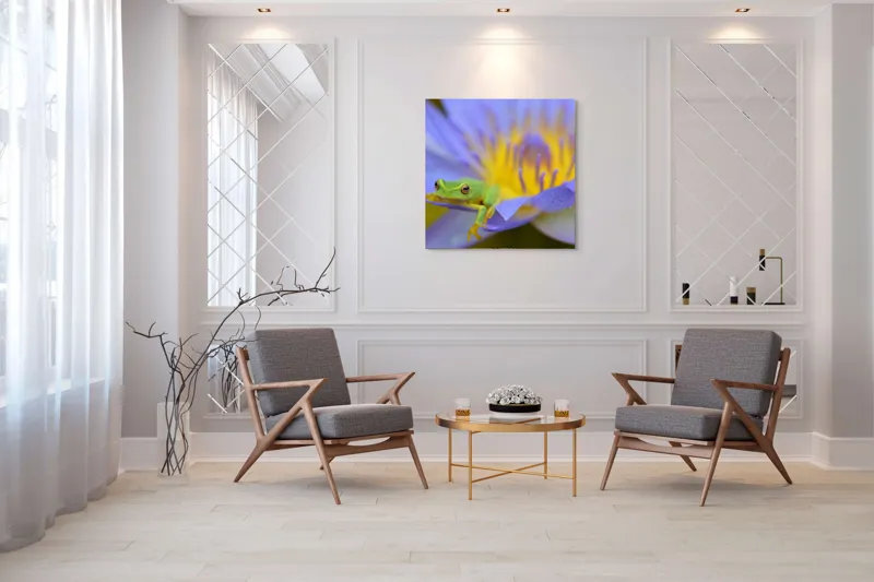 Tablou Canvas, "Broasca verde pe floare violetă", Floare, Broască, Violet, Galben, Petale, Natură, Contrast, Frumusețe, Delicatețe, Culoare., 100 x 100 cm – poza 7