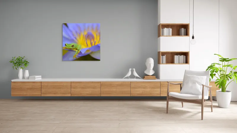 Tablou Canvas, "Broasca verde pe floare violetă", Floare, Broască, Violet, Galben, Petale, Natură, Contrast, Frumusețe, Delicatețe, Culoare., 100 x 100 cm – poza 8