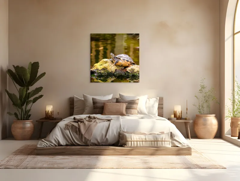 Tablou Canvas, "Broasca țestoasă pe piatra însorită", Broască Țestoasă, Stâncă, Apă, Reflecții, Natură, Culori, Pacea., 100 x 100 cm – poza 4