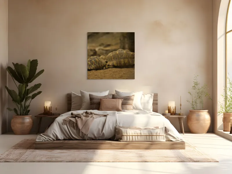 Tablou Canvas, "Țestoasele în căutarea soarelui", Țestoase, Nisip, Carapace, Model, Natură, Reptile, Tranquilitate, Pământiu, Detaliu., 100 x 100 cm – poza 4