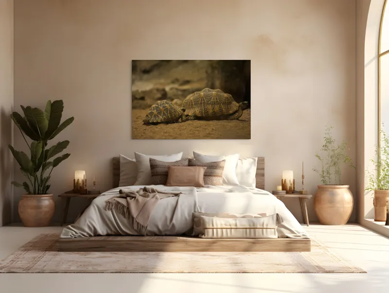 Tablou Canvas, "Țestoasele în căutarea soarelui", Țestoase, Nisip, Carapace, Model, Natură, Reptile, Tranquilitate, Pământiu, Detaliu., 150 x 100 cm – poza 4