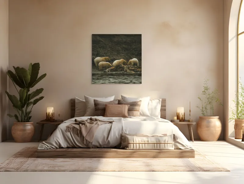 Tablou Canvas, "Urșii polari pe malul stâncos", Urs, Polari, Litoral, Apă, Stânci, Blană, Natură, Adăpost, Familie, Peisaj., 100 x 100 cm – poza 4