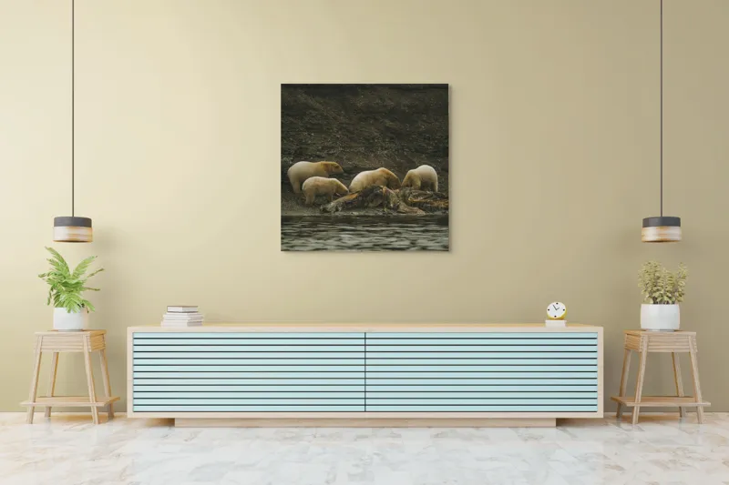 Tablou Canvas, "Urșii polari pe malul stâncos", Urs, Polari, Litoral, Apă, Stânci, Blană, Natură, Adăpost, Familie, Peisaj., 100 x 100 cm – poza 5
