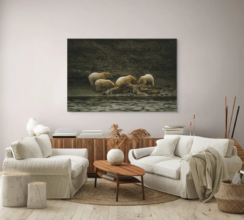 Tablou Canvas, "Urșii polari pe malul stâncos", Urs, Polari, Litoral, Apă, Stânci, Blană, Natură, Adăpost, Familie, Peisaj., 150 x 100 cm – poza 3