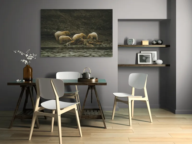 Tablou Canvas, "Urșii polari pe malul stâncos", Urs, Polari, Litoral, Apă, Stânci, Blană, Natură, Adăpost, Familie, Peisaj., 150 x 100 cm – poza 5