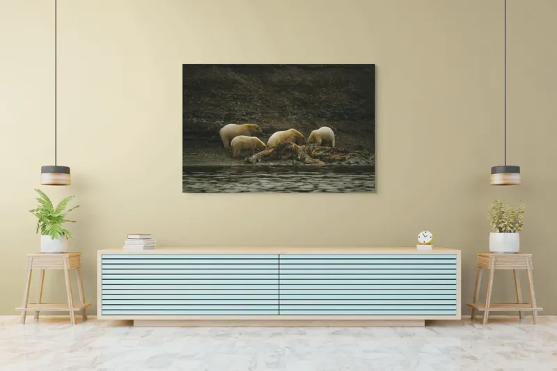 Tablou Canvas, "Urșii polari pe malul stâncos", Urs, Polari, Litoral, Apă, Stânci, Blană, Natură, Adăpost, Familie, Peisaj., 150 x 100 cm – poza 6