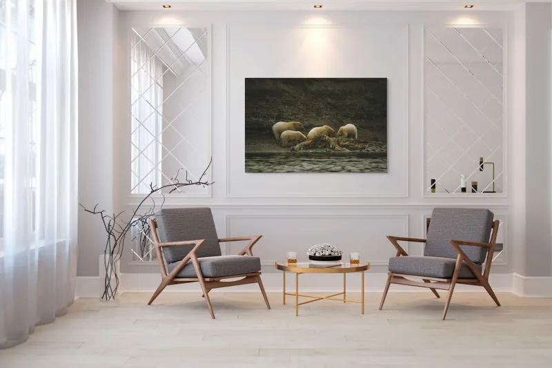 Tablou Canvas, "Urșii polari pe malul stâncos", Urs, Polari, Litoral, Apă, Stânci, Blană, Natură, Adăpost, Familie, Peisaj., 150 x 100 cm – poza 7