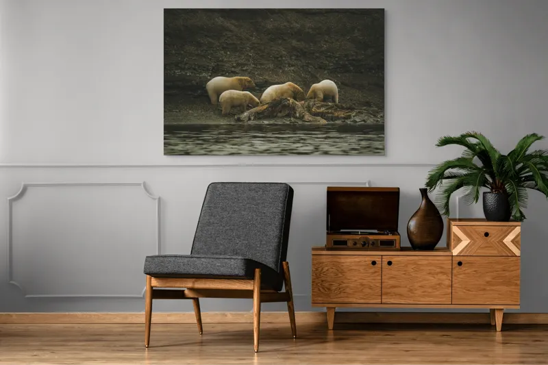 Tablou Canvas, "Urșii polari pe malul stâncos", Urs, Polari, Litoral, Apă, Stânci, Blană, Natură, Adăpost, Familie, Peisaj., 150 x 100 cm – poza 8