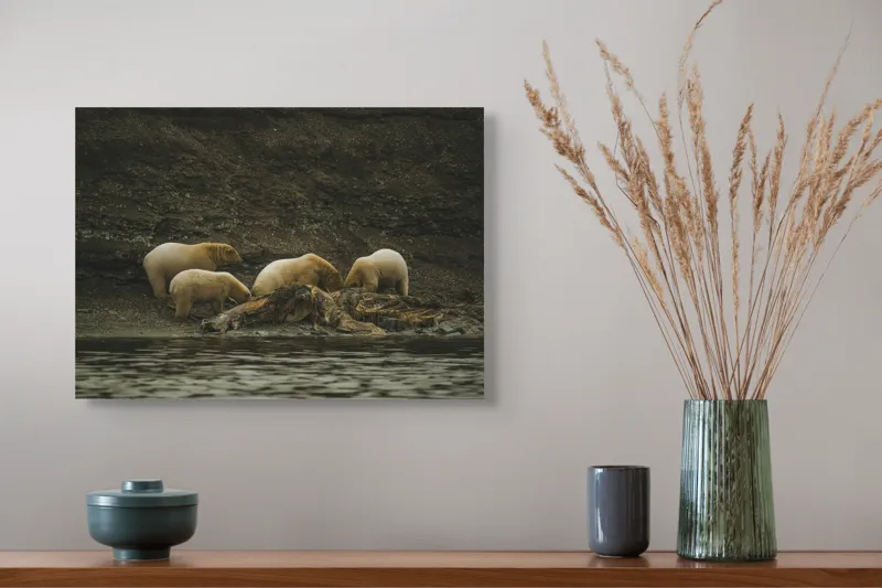 Tablou Canvas, "Urșii polari pe malul stâncos", Urs, Polari, Litoral, Apă, Stânci, Blană, Natură, Adăpost, Familie, Peisaj., 54 x 39 cm – poza 4