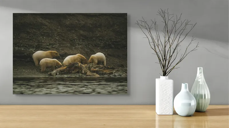 Tablou Canvas, "Urșii polari pe malul stâncos", Urs, Polari, Litoral, Apă, Stânci, Blană, Natură, Adăpost, Familie, Peisaj., 70 x 50 cm – poza 3
