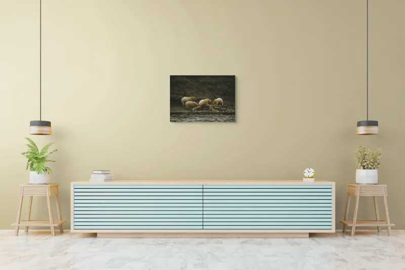 Tablou Canvas, "Urșii polari pe malul stâncos", Urs, Polari, Litoral, Apă, Stânci, Blană, Natură, Adăpost, Familie, Peisaj., 70 x 50 cm – poza 7