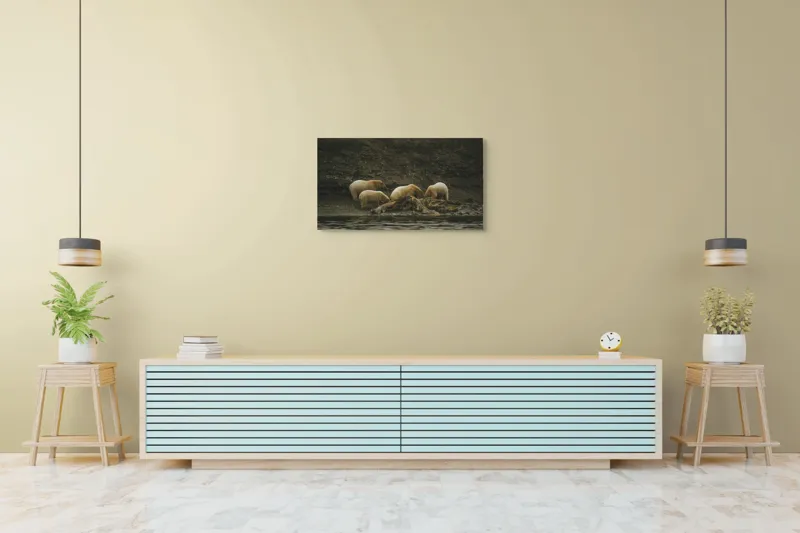 Tablou Canvas, "Urșii polari pe malul stâncos", Urs, Polari, Litoral, Apă, Stânci, Blană, Natură, Adăpost, Familie, Peisaj., 90 x 50 cm – poza 5