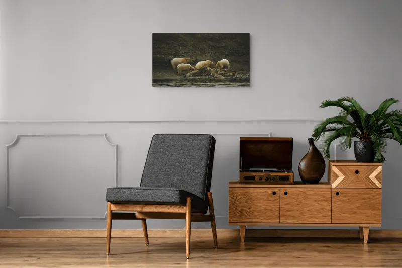 Tablou Canvas, "Urșii polari pe malul stâncos", Urs, Polari, Litoral, Apă, Stânci, Blană, Natură, Adăpost, Familie, Peisaj., 90 x 50 cm – poza 6