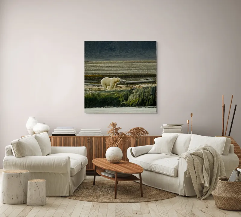 Tablou Canvas, "Urs polar pe țărmul arctic pustiu", Urs, Polar, Teren, Stânci, Natură, Nordic, Peisaj, Blană, Izolare, Sălbăticie, 100 x 100 cm – poza 3