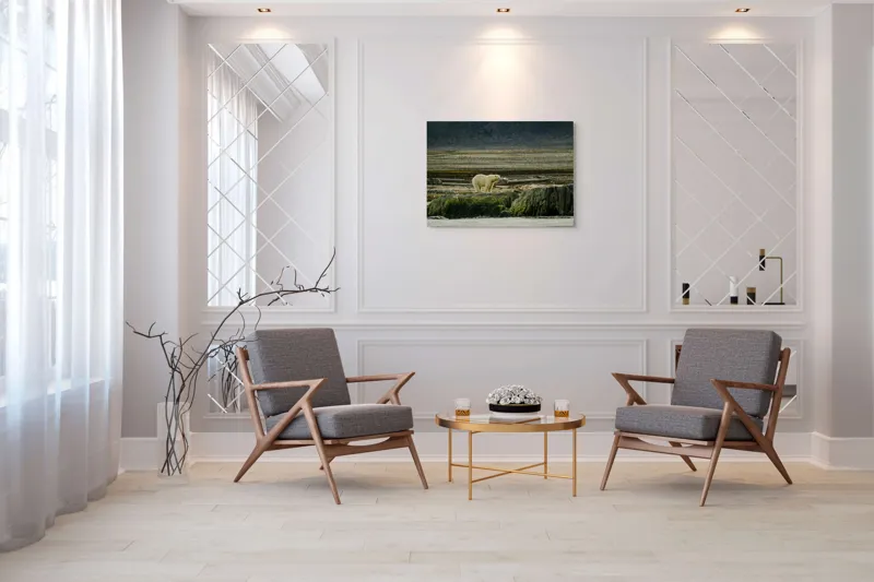 Tablou Canvas, "Urs polar pe țărmul arctic pustiu", Urs, Polar, Teren, Stânci, Natură, Nordic, Peisaj, Blană, Izolare, Sălbăticie, 100 x 70 cm – poza 5