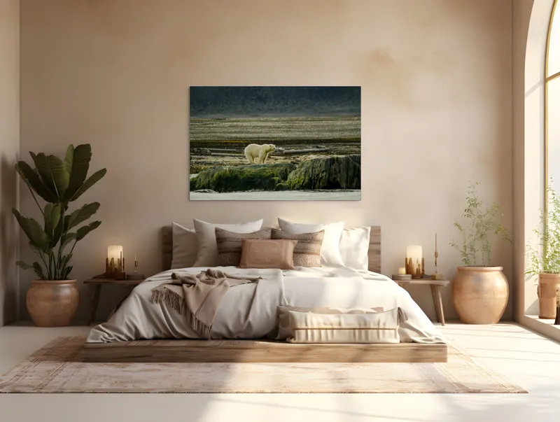 Tablou Canvas, "Urs polar pe țărmul arctic pustiu", Urs, Polar, Teren, Stânci, Natură, Nordic, Peisaj, Blană, Izolare, Sălbăticie, 150 x 100 cm – poza 4