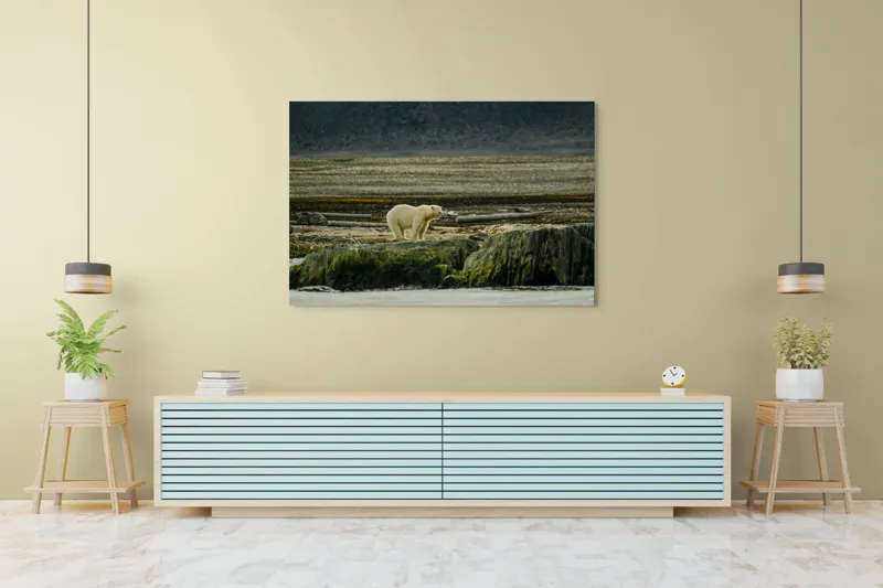 Tablou Canvas, "Urs polar pe țărmul arctic pustiu", Urs, Polar, Teren, Stânci, Natură, Nordic, Peisaj, Blană, Izolare, Sălbăticie, 150 x 100 cm – poza 6
