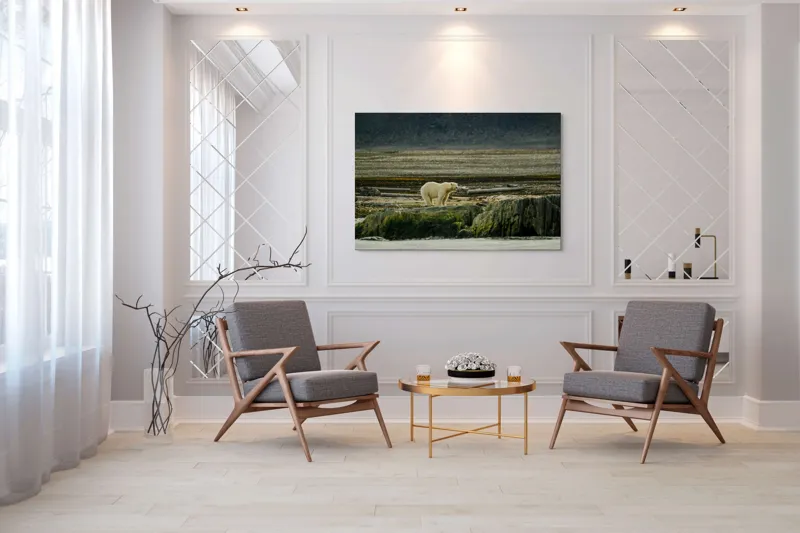 Tablou Canvas, "Urs polar pe țărmul arctic pustiu", Urs, Polar, Teren, Stânci, Natură, Nordic, Peisaj, Blană, Izolare, Sălbăticie, 150 x 100 cm – poza 7