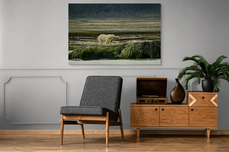 Tablou Canvas, "Urs polar pe țărmul arctic pustiu", Urs, Polar, Teren, Stânci, Natură, Nordic, Peisaj, Blană, Izolare, Sălbăticie, 150 x 100 cm – poza 8