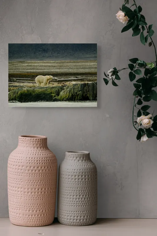 Tablou Canvas, "Urs polar pe țărmul arctic pustiu", Urs, Polar, Teren, Stânci, Natură, Nordic, Peisaj, Blană, Izolare, Sălbăticie, 54 x 39 cm – poza 8