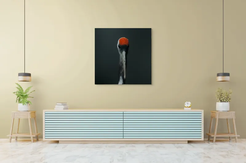 Tablou Canvas, "Pasărea cu capul roșu aprins", Pasăre, Roșu, Închis, Penaj, Portret, 100 x 100 cm – poza 5