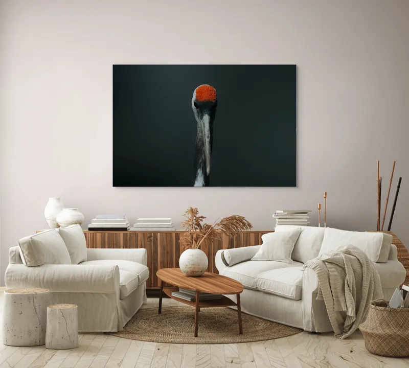 Tablou Canvas, "Pasărea cu capul roșu aprins", Pasăre, Roșu, Închis, Penaj, Portret, 150 x 100 cm – poza 3