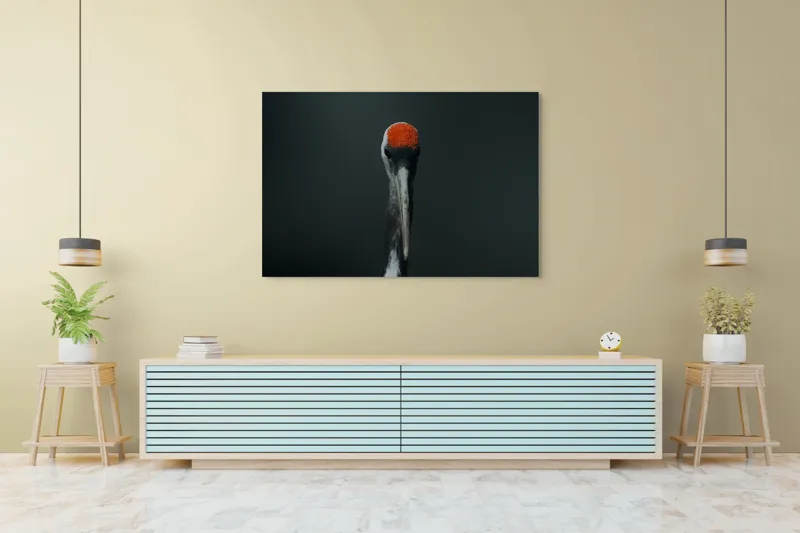 Tablou Canvas, "Pasărea cu capul roșu aprins", Pasăre, Roșu, Închis, Penaj, Portret, 150 x 100 cm – poza 6