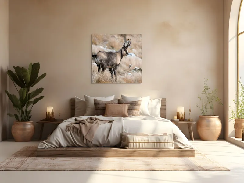 Tablou Canvas, "Capră neagră în peisaj montan toamna", Goat, Horns, Grass, Nature, Stare, Mountain, Wild, Animal, Fur, Tranquil., 100 x 100 cm – poza 4