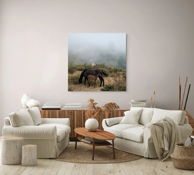Tablou Canvas, "Mângâierea dimineții în ceață densă", Cai, Pășuni, Ceață, Natură, Mânz, Peisaj, Plante, Dealuri, Sălbăticie, Cer, Verdeață., 100 x 100 cm – poza 3