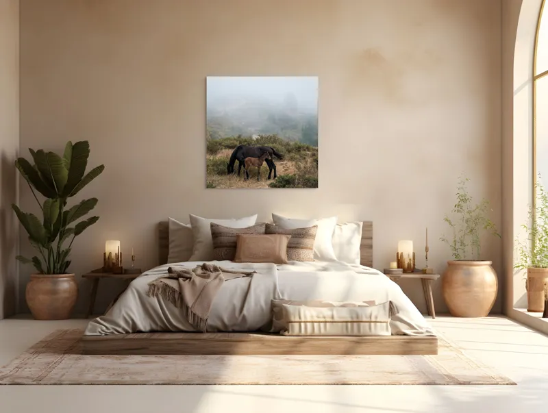 Tablou Canvas, "Mângâierea dimineții în ceață densă", Cai, Pășuni, Ceață, Natură, Mânz, Peisaj, Plante, Dealuri, Sălbăticie, Cer, Verdeață., 100 x 100 cm – poza 4