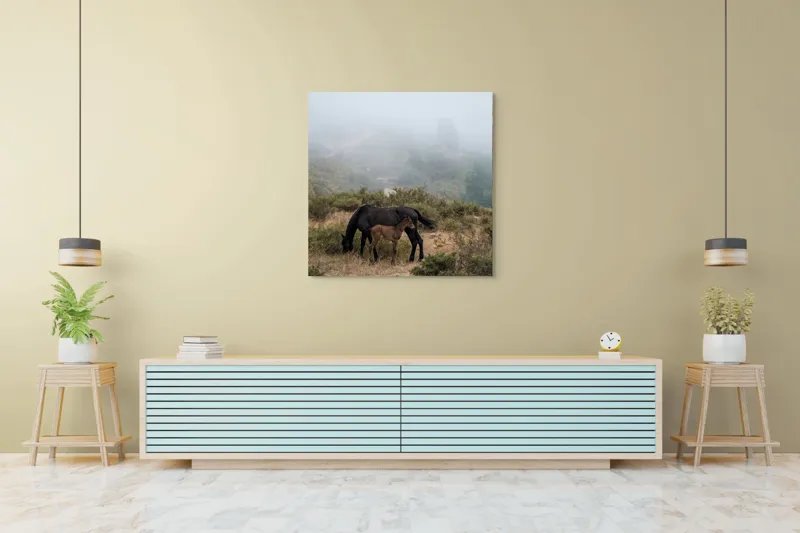 Tablou Canvas, "Mângâierea dimineții în ceață densă", Cai, Pășuni, Ceață, Natură, Mânz, Peisaj, Plante, Dealuri, Sălbăticie, Cer, Verdeață., 100 x 100 cm – poza 5
