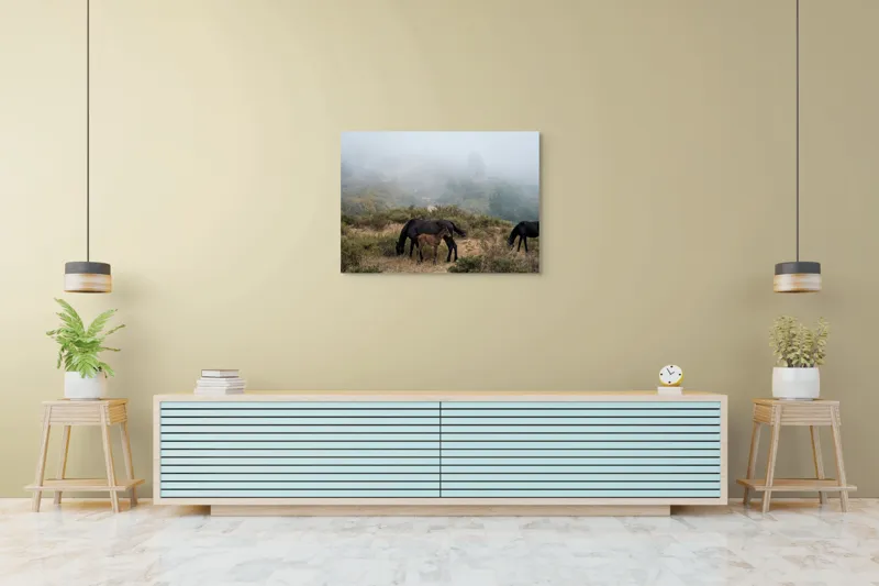 Tablou Canvas, "Mângâierea dimineții în ceață densă", Cai, Pășuni, Ceață, Natură, Mânz, Peisaj, Plante, Dealuri, Sălbăticie, Cer, Verdeață., 100 x 70 cm – poza 4