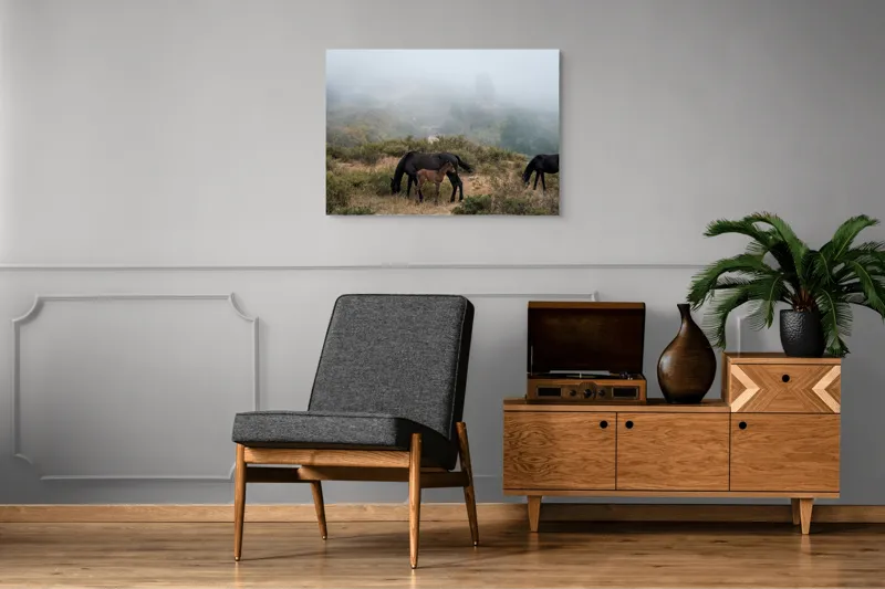 Tablou Canvas, "Mângâierea dimineții în ceață densă", Cai, Pășuni, Ceață, Natură, Mânz, Peisaj, Plante, Dealuri, Sălbăticie, Cer, Verdeață., 100 x 70 cm – poza 8